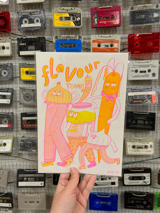 Flavour Town Neon Risograph Print Vegetable Friends A4