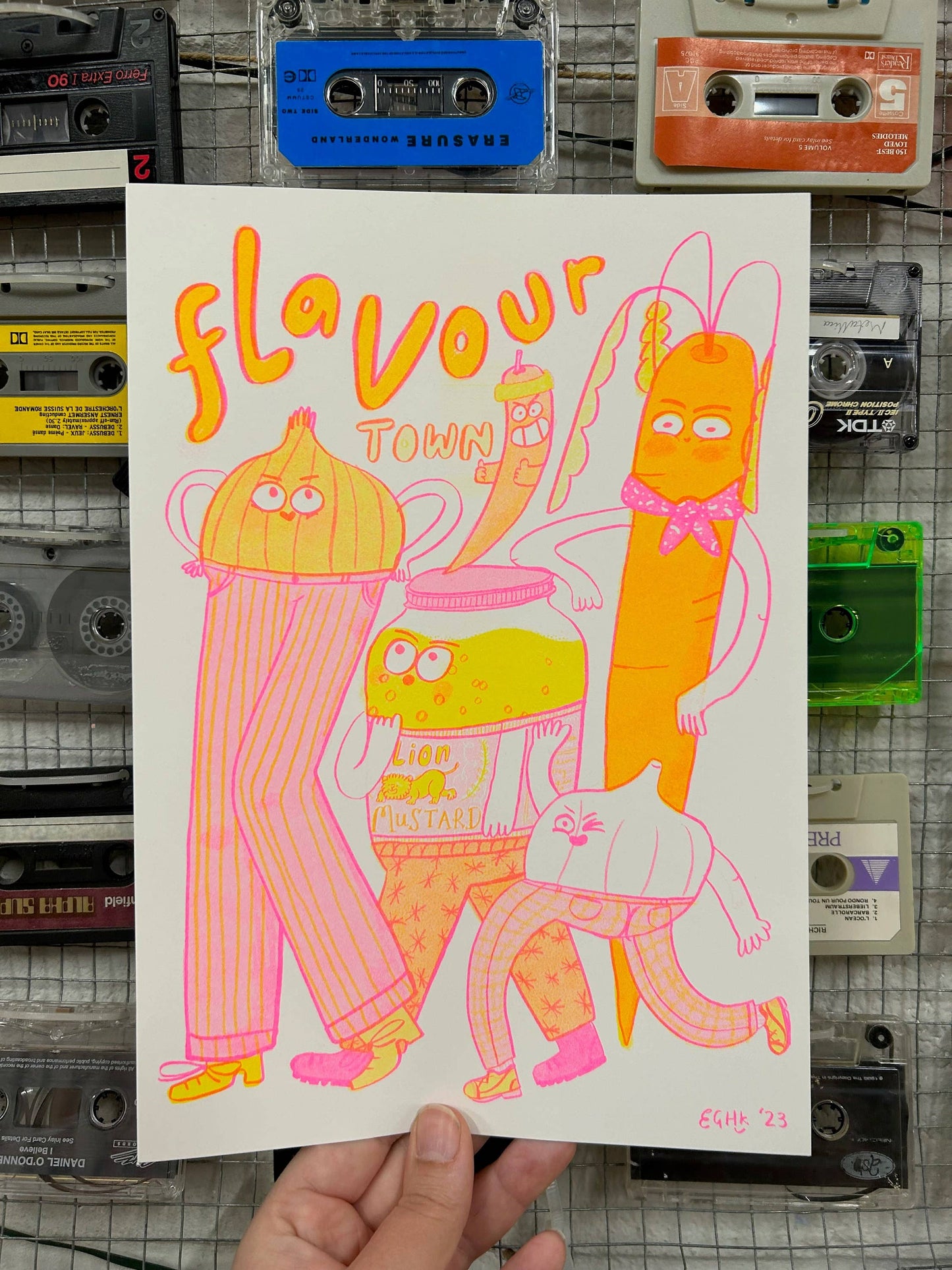 Flavour Town Neon Risograph Print Vegetable Friends A4
