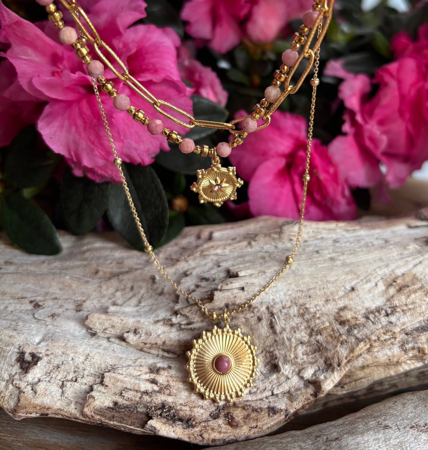 18ct Gold Plated Rhodochrosite Sun Pendant Necklace