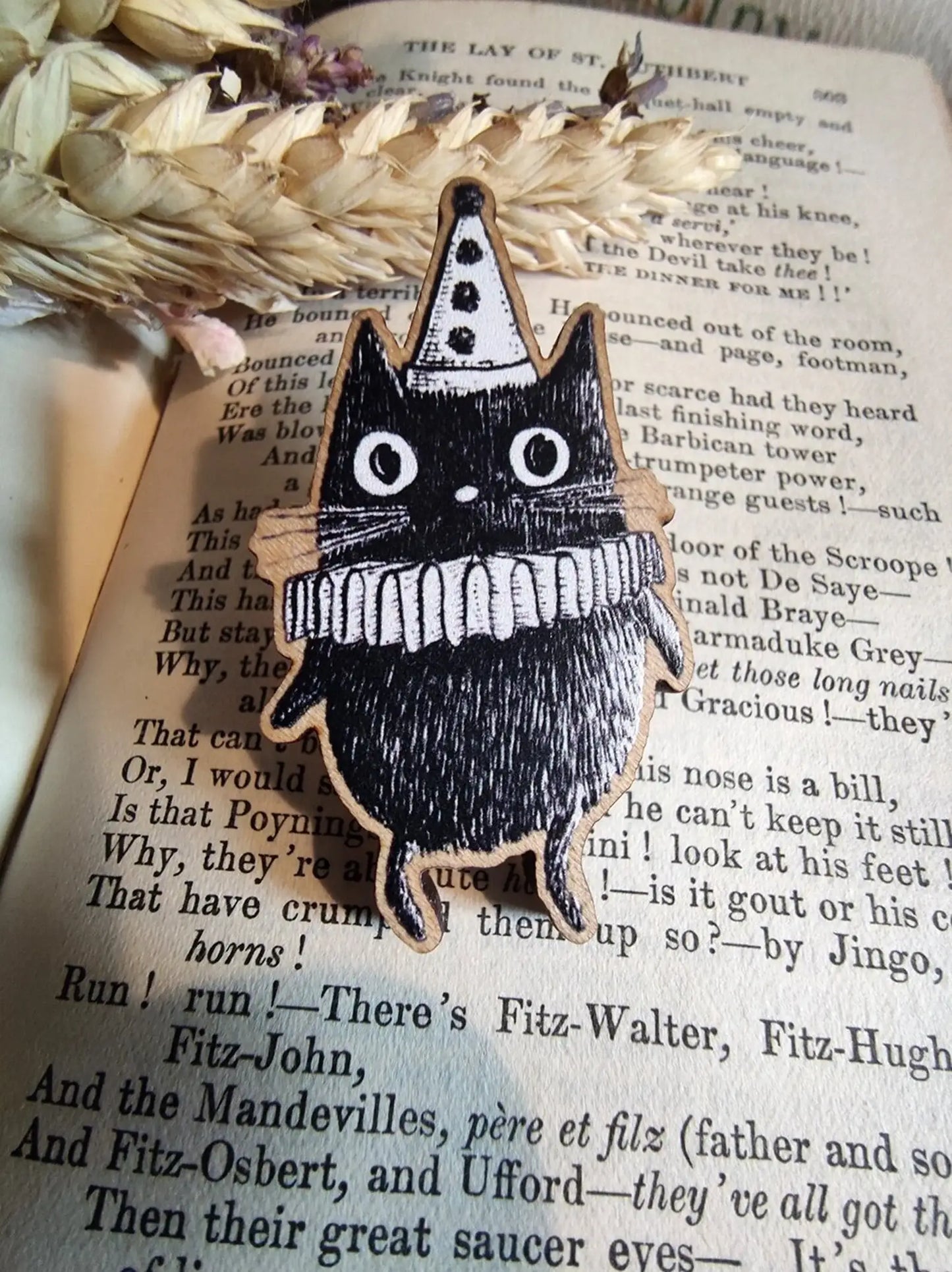 Simon the Clown Cat Wooden Pin Badge