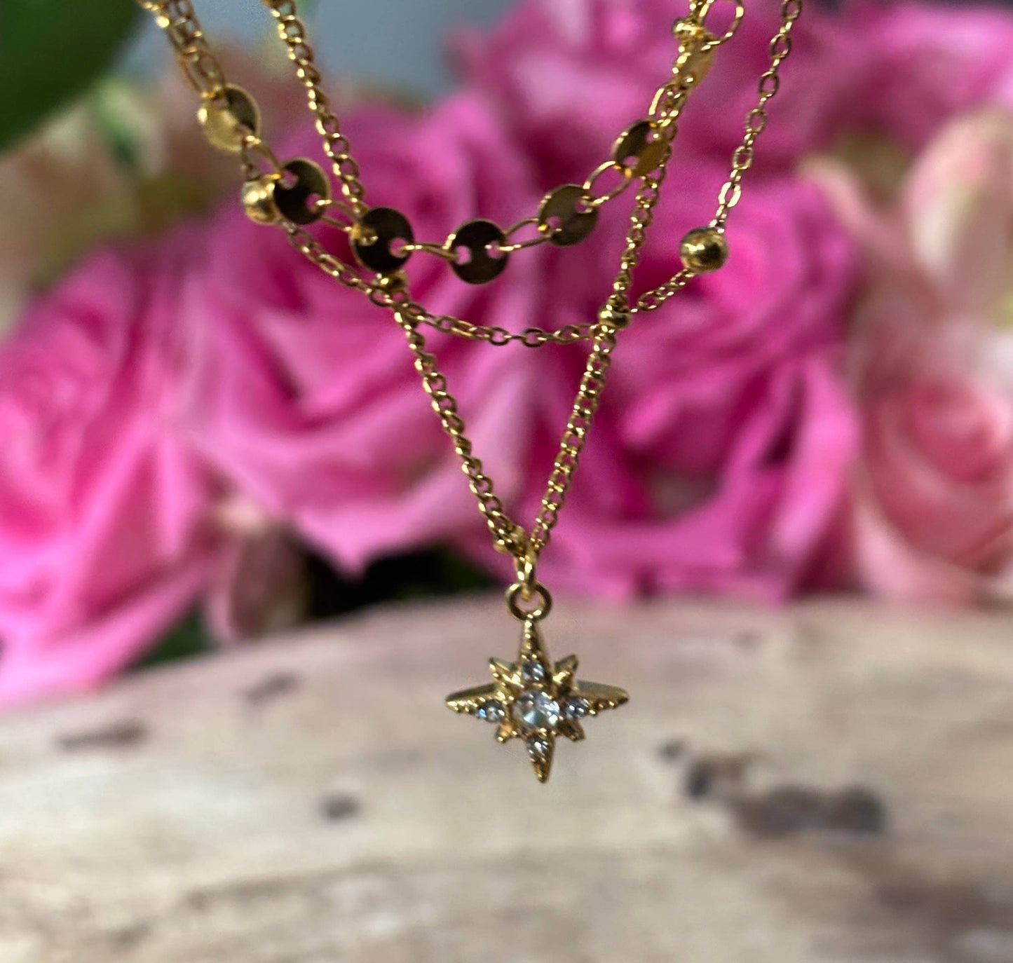 18ct Gold Plated Triple Chain Star Necklace