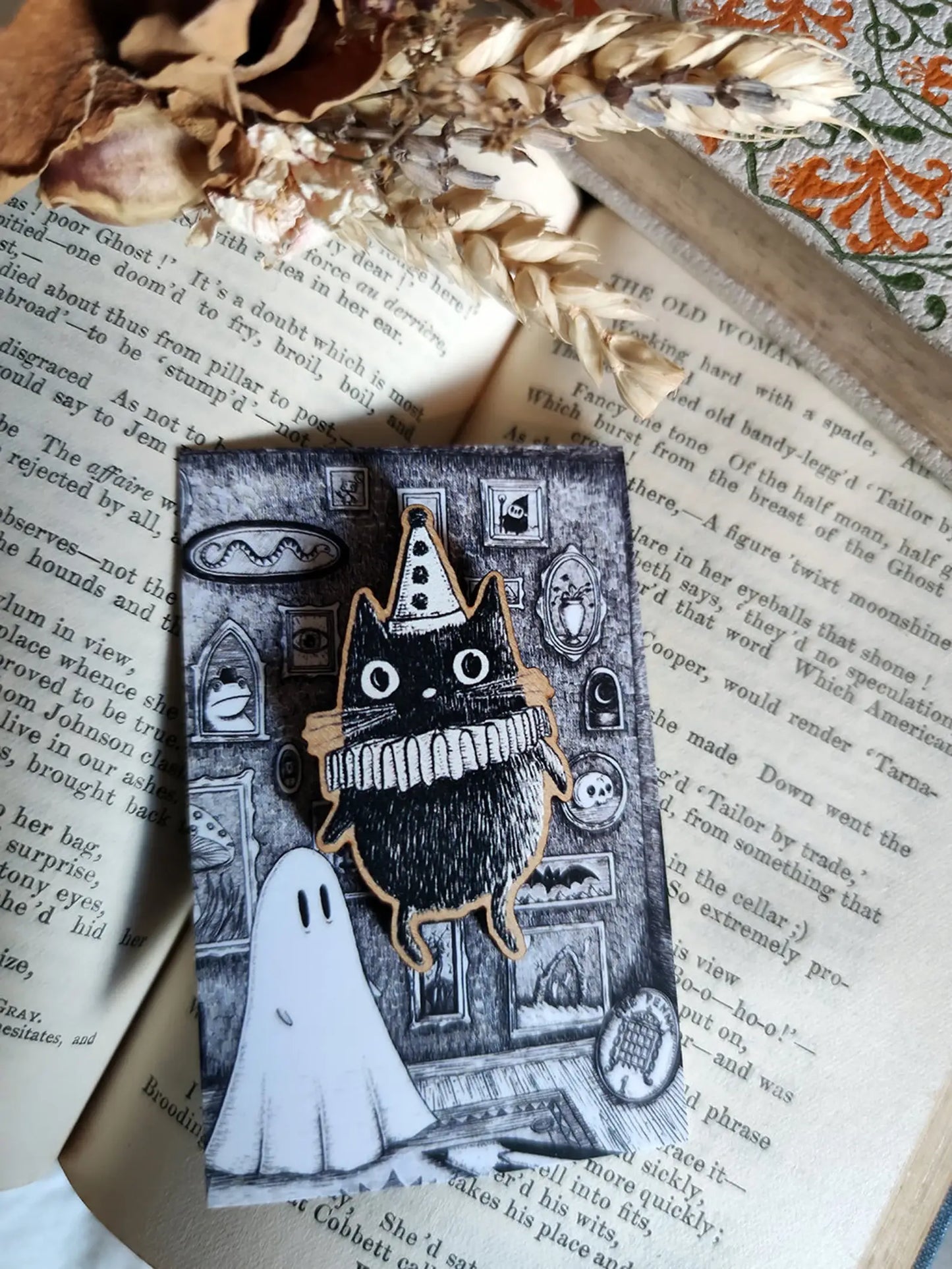 Simon the Clown Cat Wooden Pin Badge