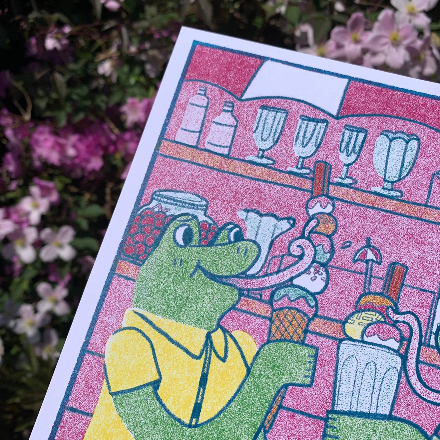 Frogs at Ice Cream Parlour Laser Printed A4 Art
