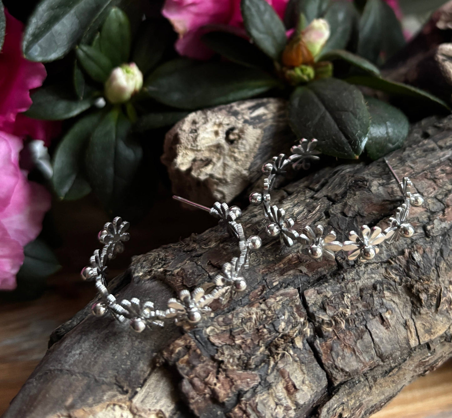 Silver Daisy Hoop Earrings