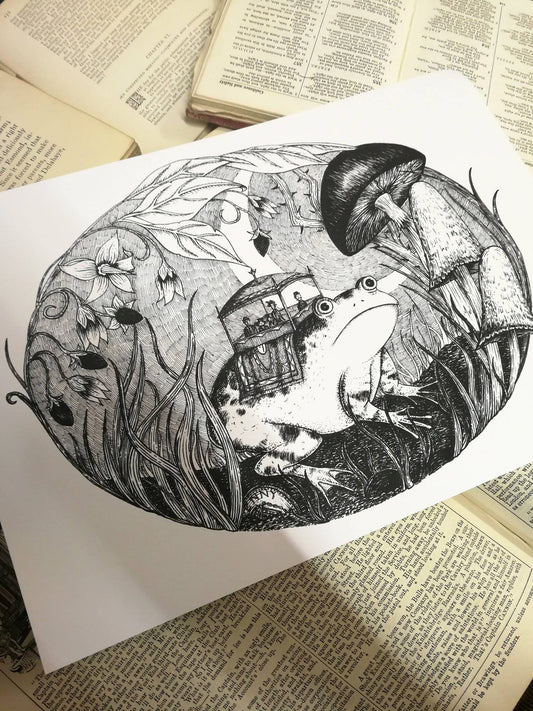 Hop On Hop Off- Fantasy Frog Art Print: A4