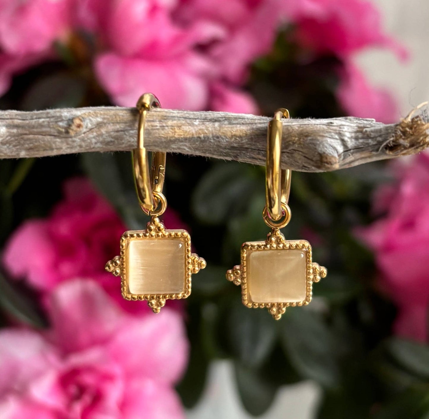 18ct Gold Plated Square Clear Quartz Huggie Earrings
