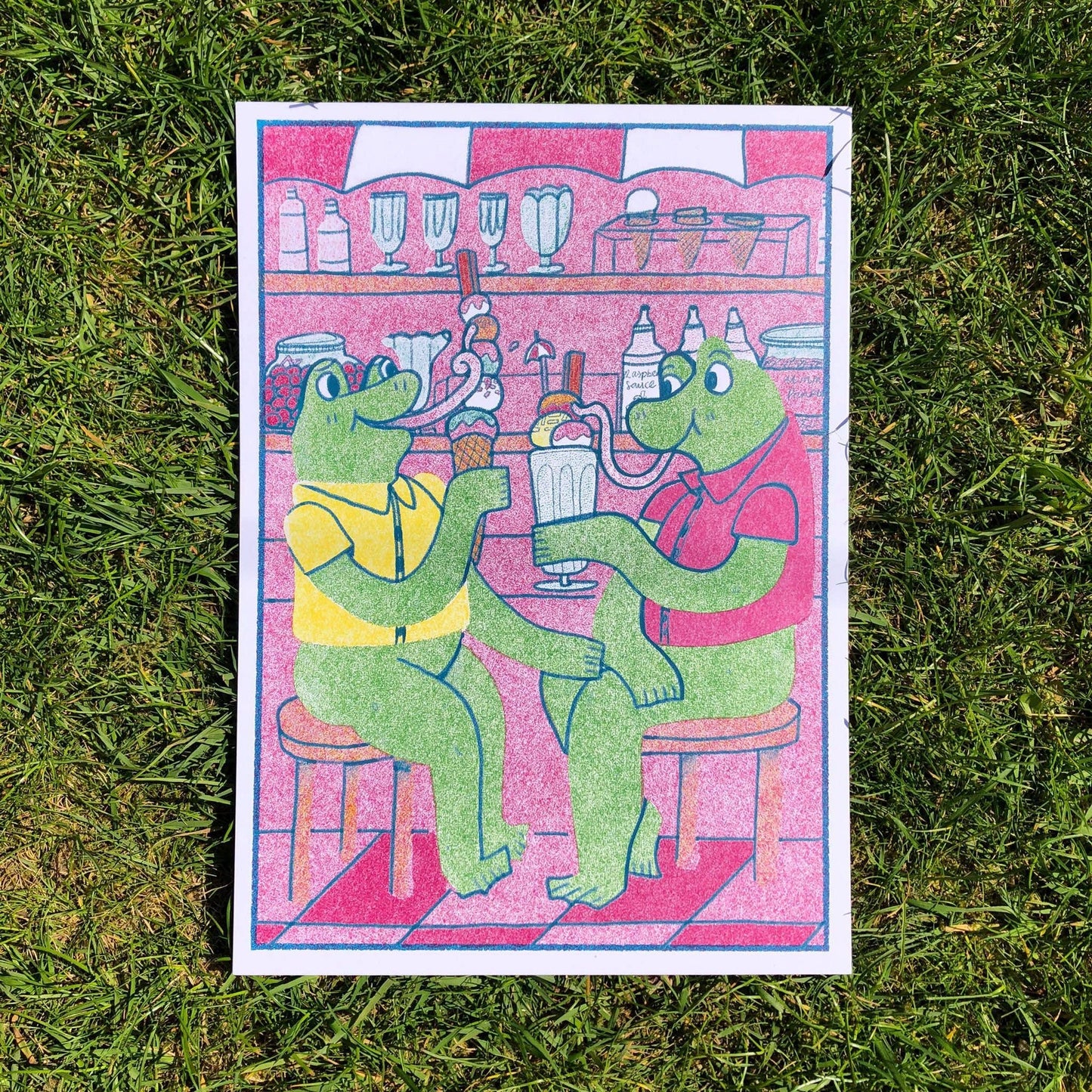 Frogs at Ice Cream Parlour Laser Printed A4 Art