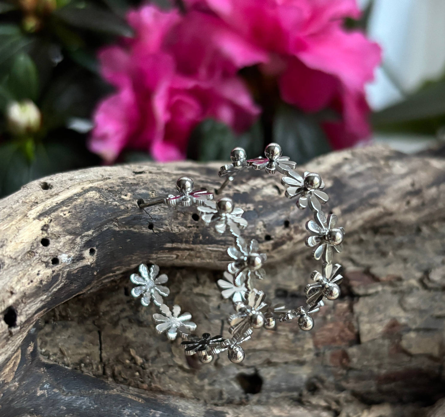 Silver Daisy Hoop Earrings