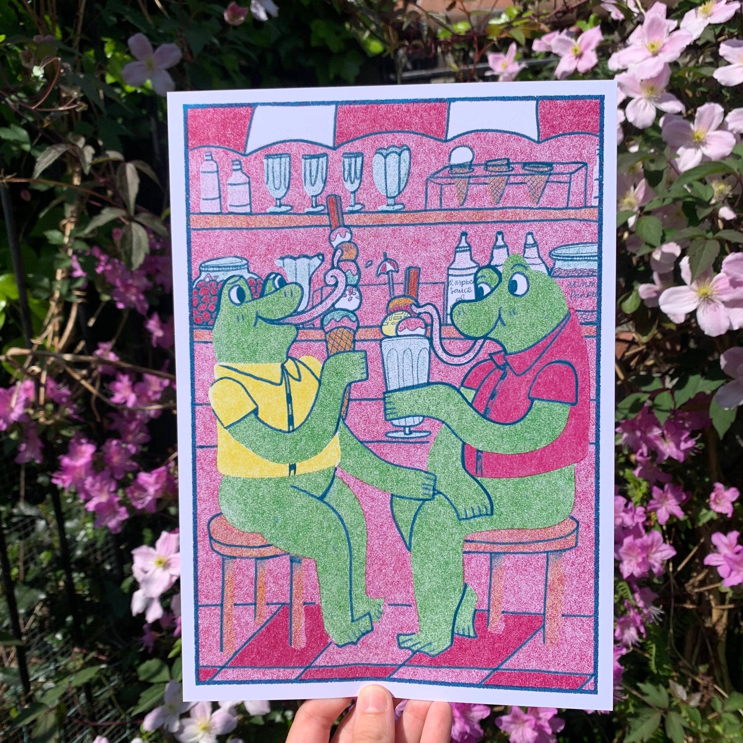 Frogs at Ice Cream Parlour Laser Printed A4 Art