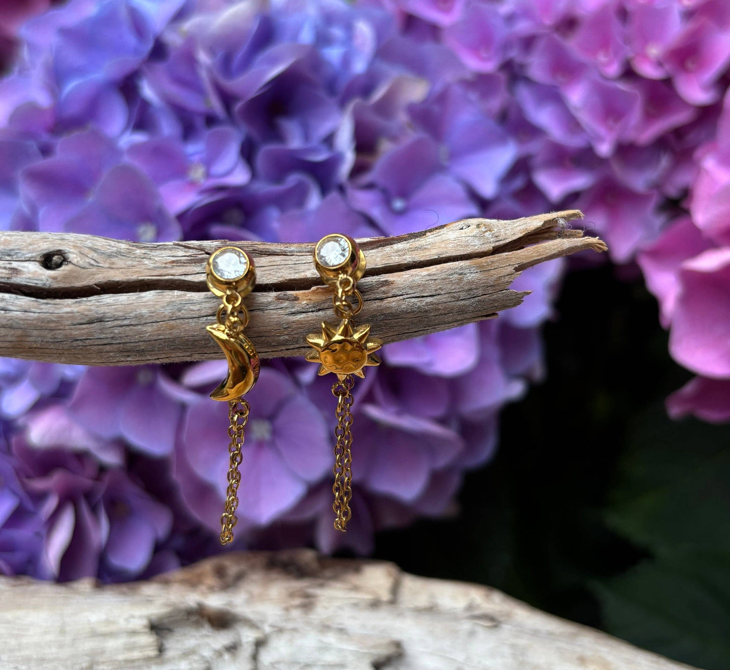 18ct Gold Plated Sun and Moon Chain Dangle Earrings
