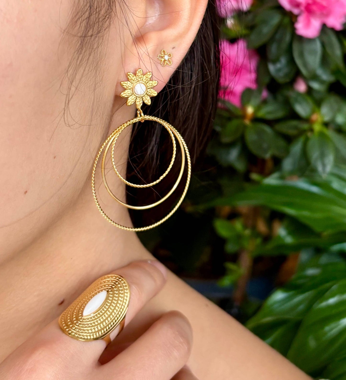 18ct Gold Plated Mother Of Pearl Triple Hoops Earrings