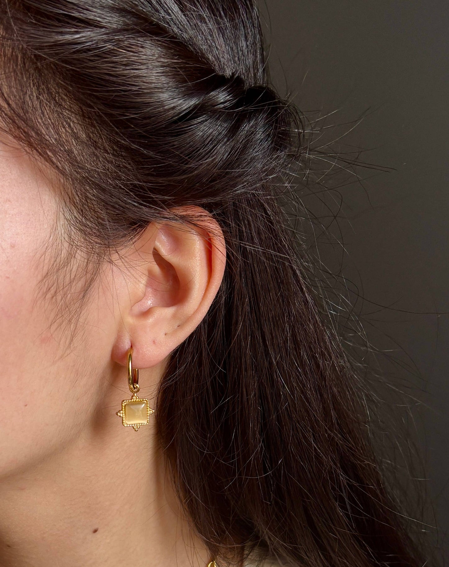 18ct Gold Plated Square Clear Quartz Huggie Earrings