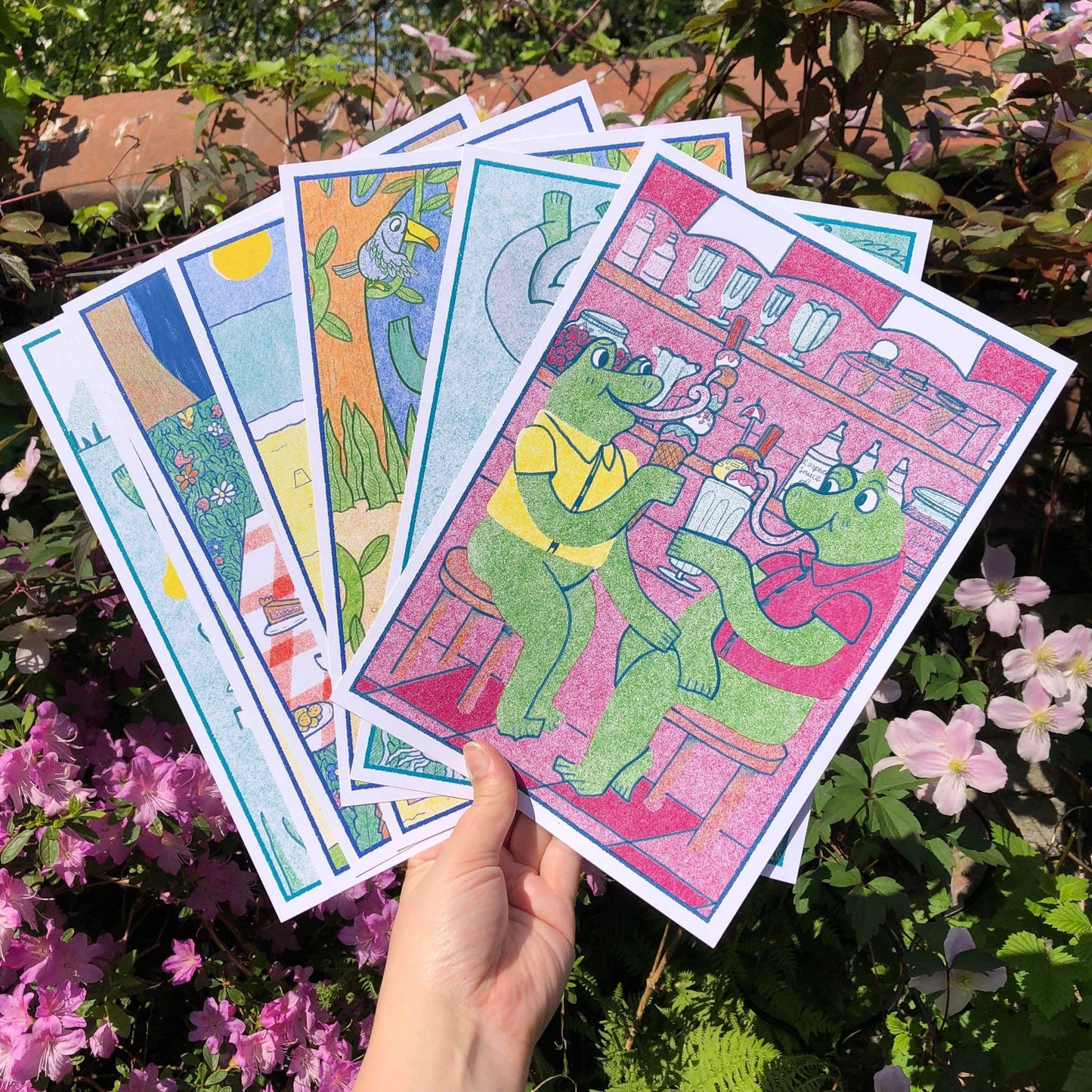 Frogs at Ice Cream Parlour Laser Printed A4 Art