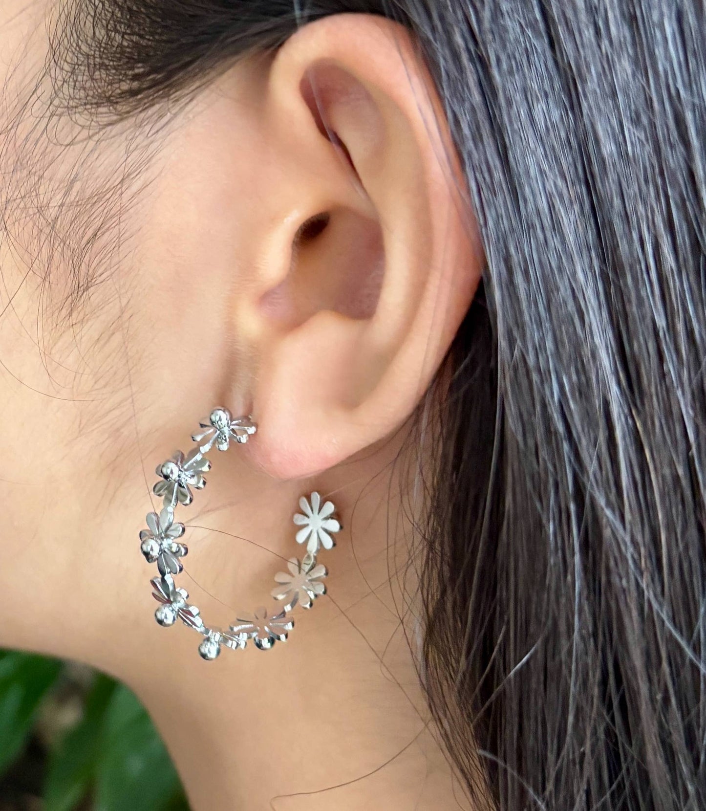 Silver Daisy Hoop Earrings