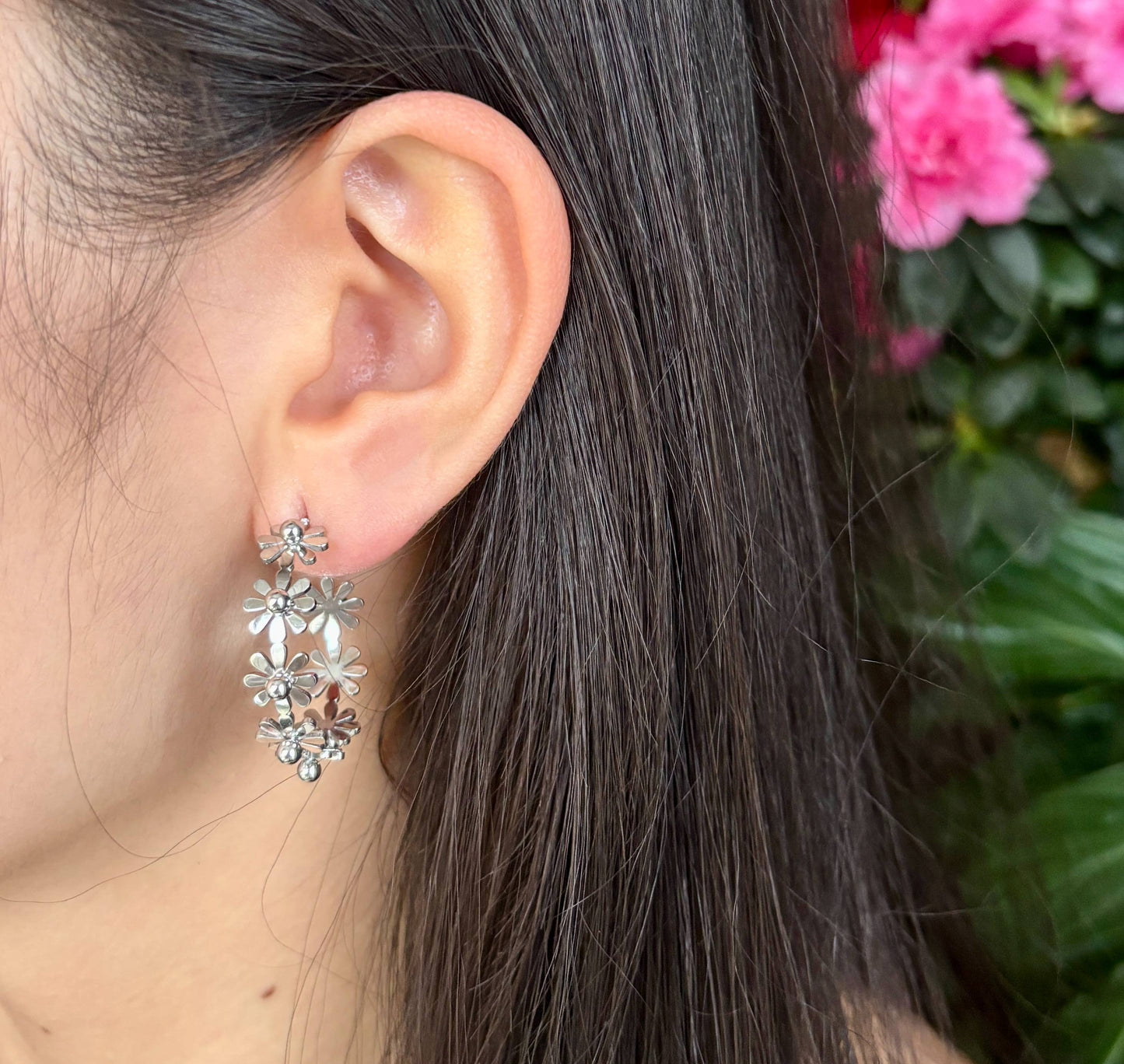 Silver Daisy Hoop Earrings