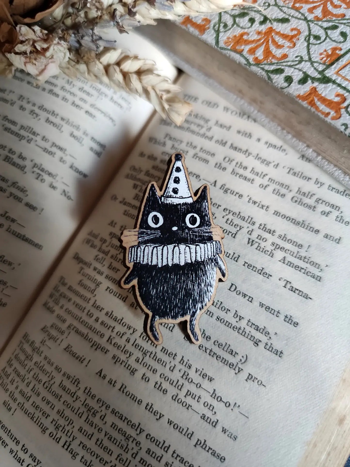 Simon the Clown Cat Wooden Pin Badge