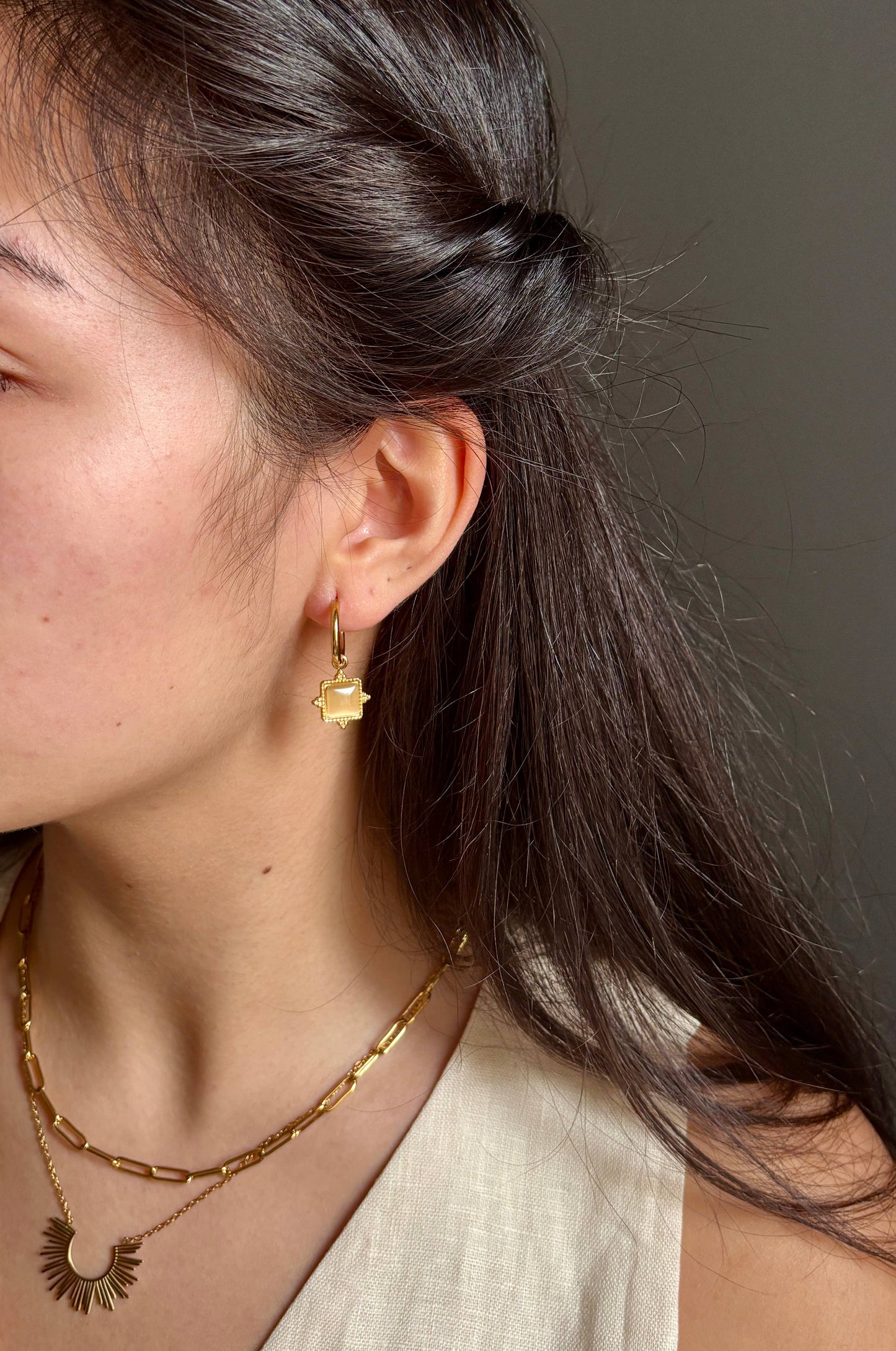 18ct Gold Plated Square Clear Quartz Huggie Earrings
