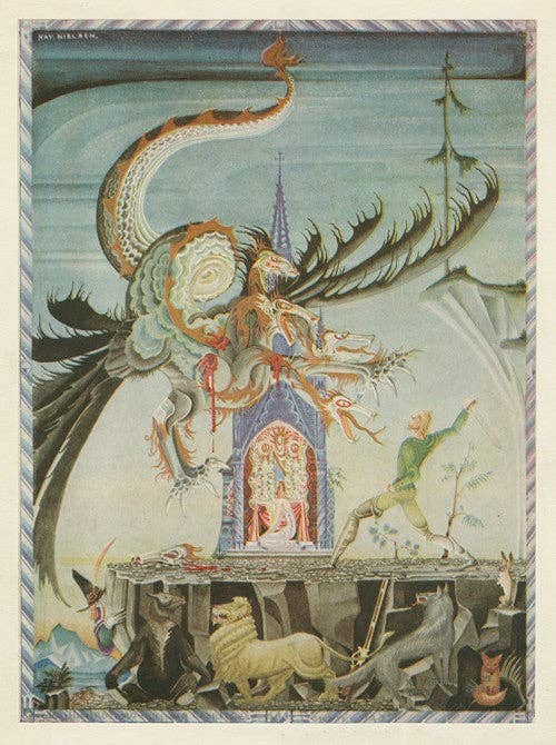 Then the dragon made a dart at the hunter, but he swung his sword round and cut off three of the beast’s heads (1900 - 1909) by Kay Rasmus Nielsen: A4