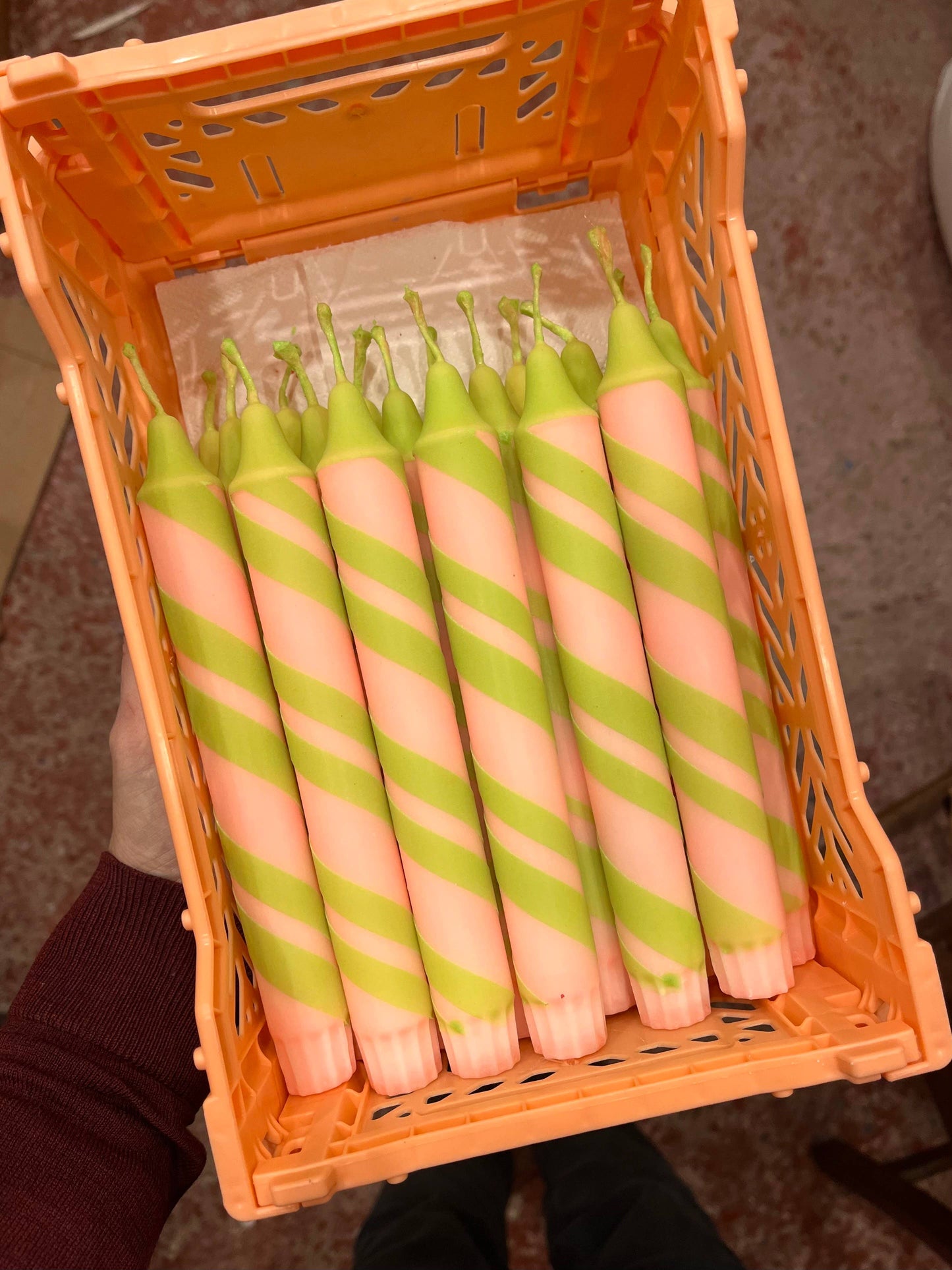 Helter Skelter Taper Candle - Peach/Lime double stripe
