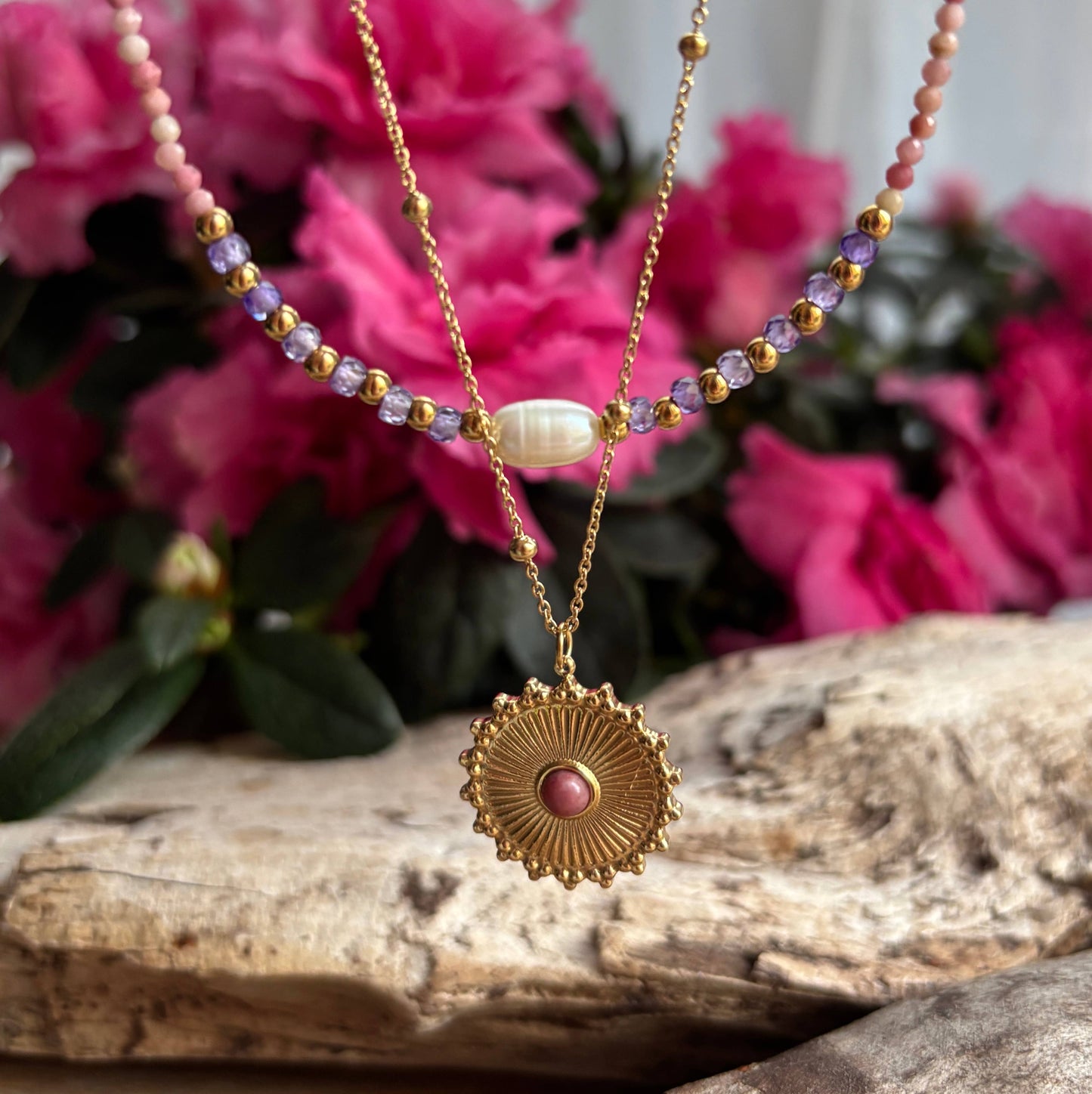 18ct Gold Plated Rhodochrosite Sun Pendant Necklace