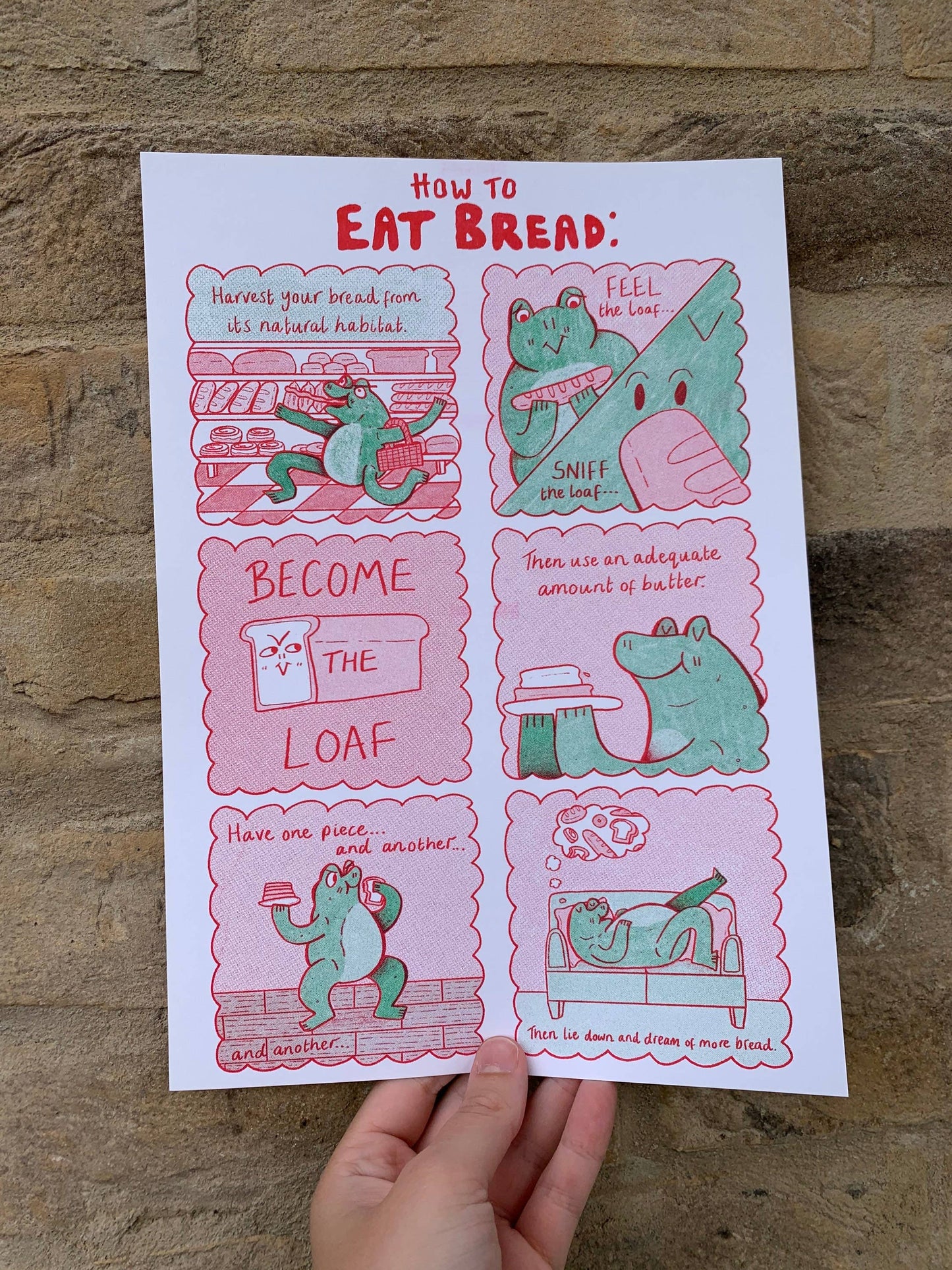How to Eat Bread Frog Comic A4 Risograph Print