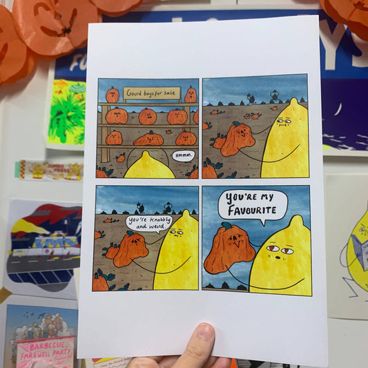 Sad Happy Pumpkin Patch Lemon Comic Print A4