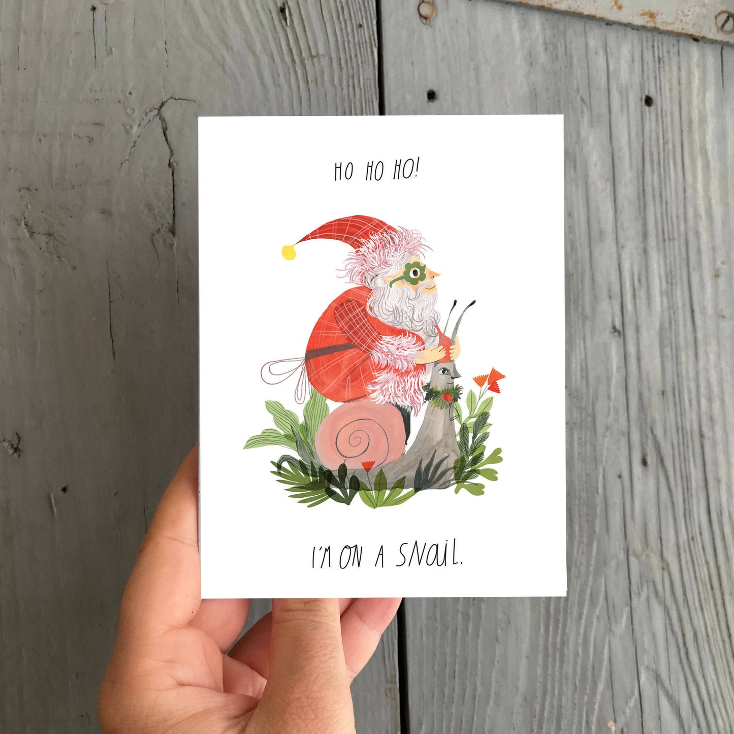 Santa On A Snail Christmas Card: Sleeved Single A2 Card