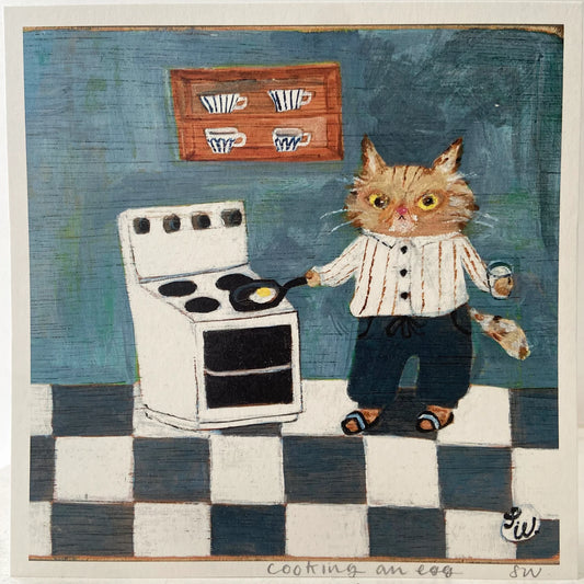 ‘Cooking an Egg’ Square Cat Art Print