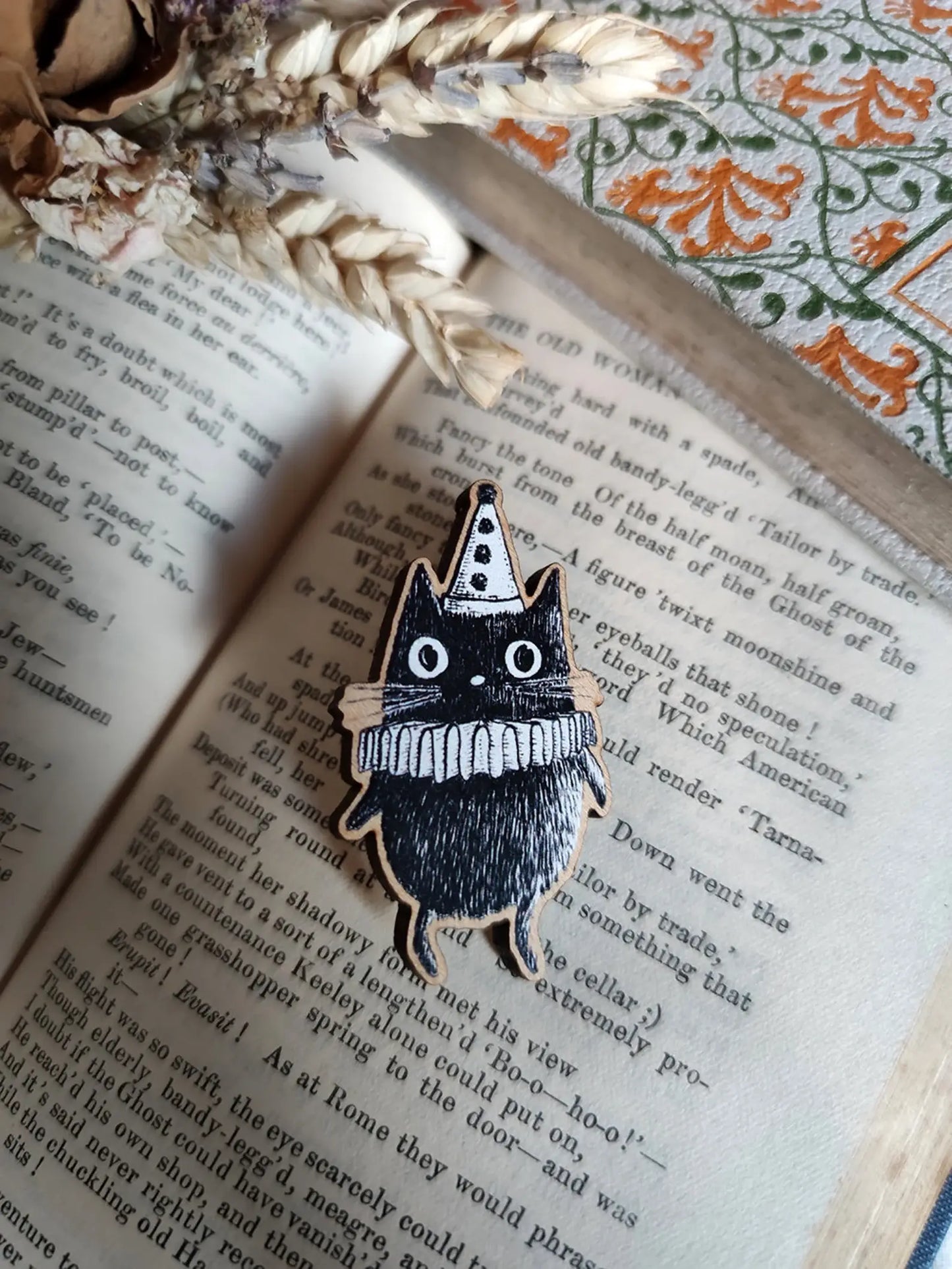 Simon the Clown Cat Wooden Pin Badge