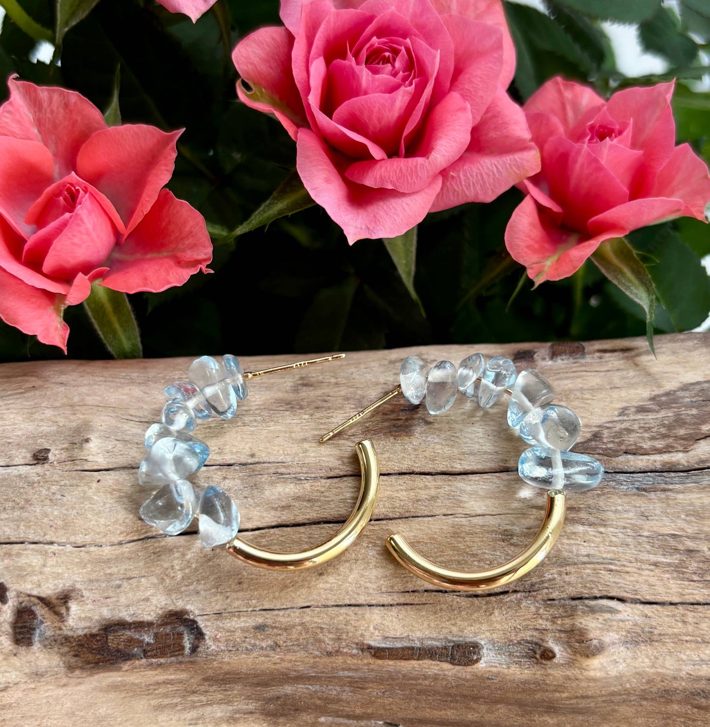 14ct Gold Plated Blue Quartz Chips Hoop Earrings