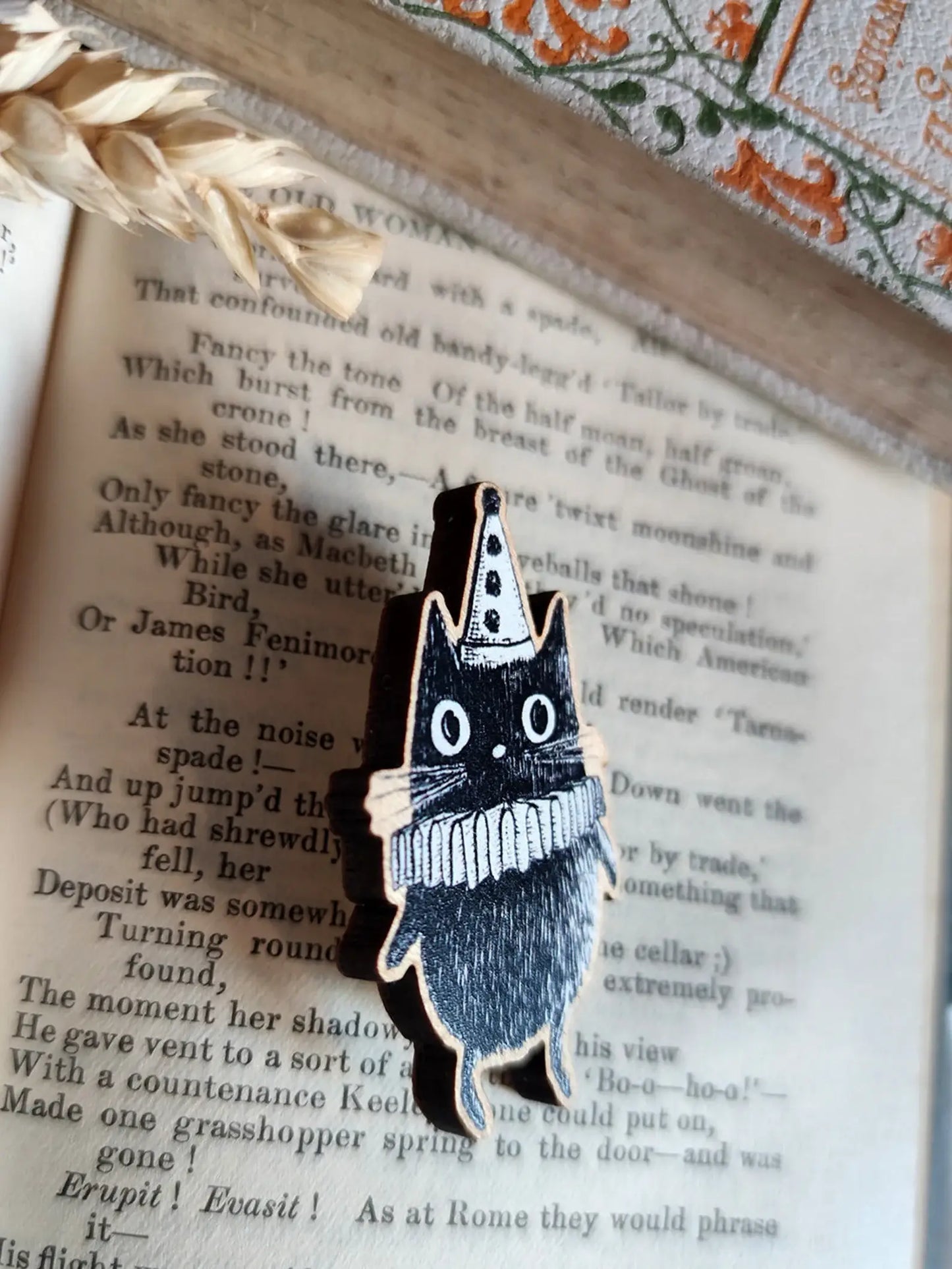 Simon the Clown Cat Wooden Pin Badge