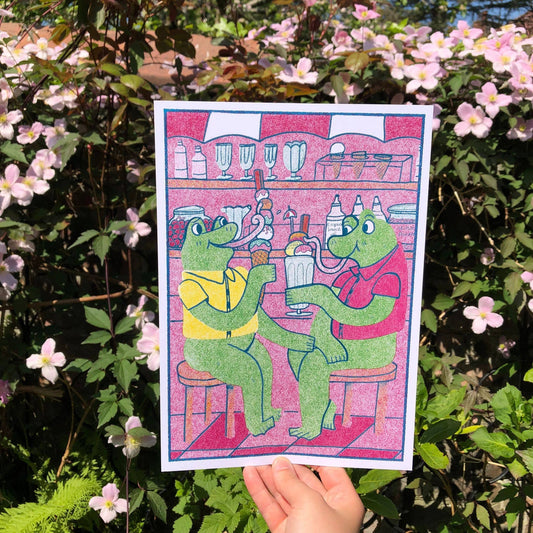 Frogs at Ice Cream Parlour Laser Printed A4 Art