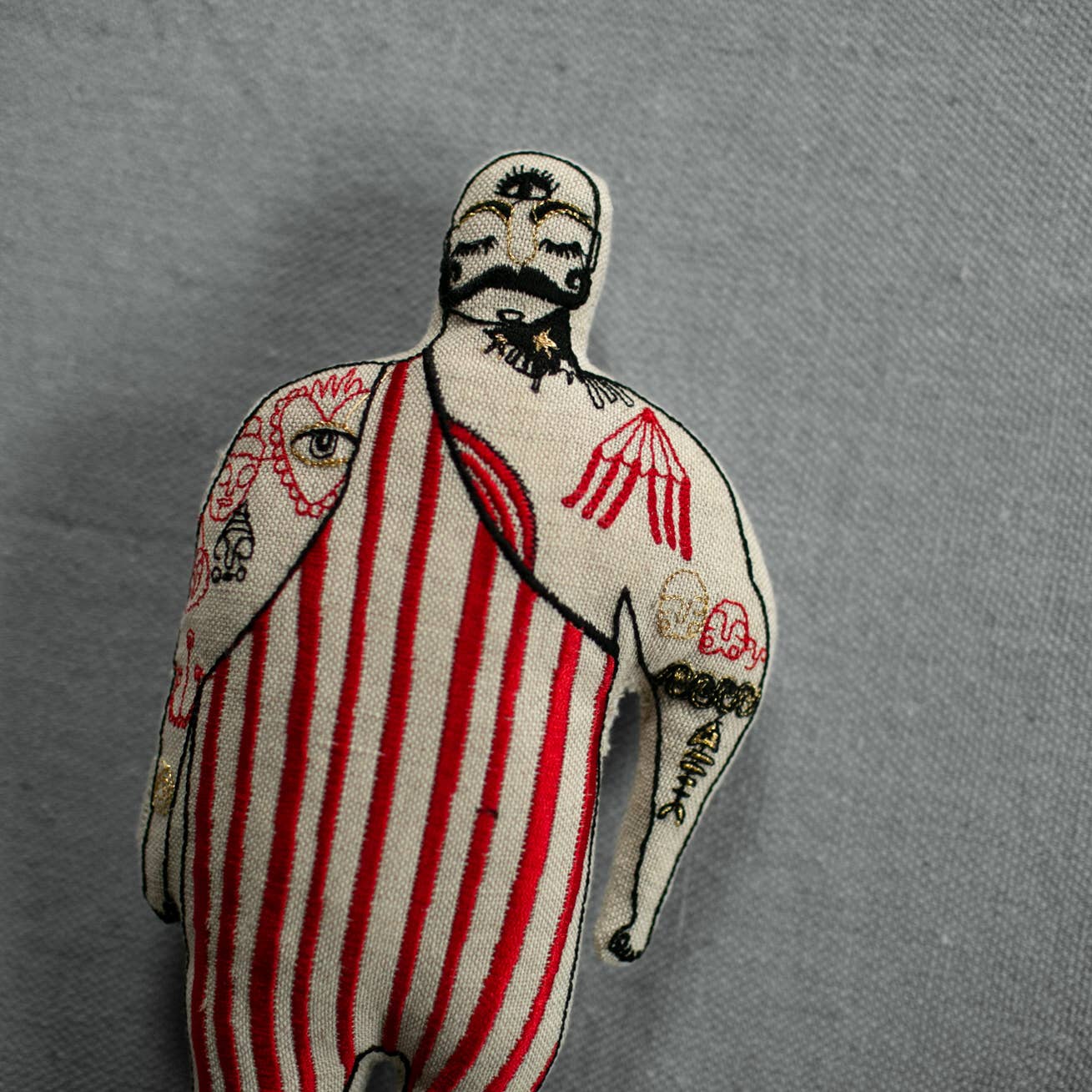 Tattooed Strong Man, Cotton-Filled Art Doll, Embroidered