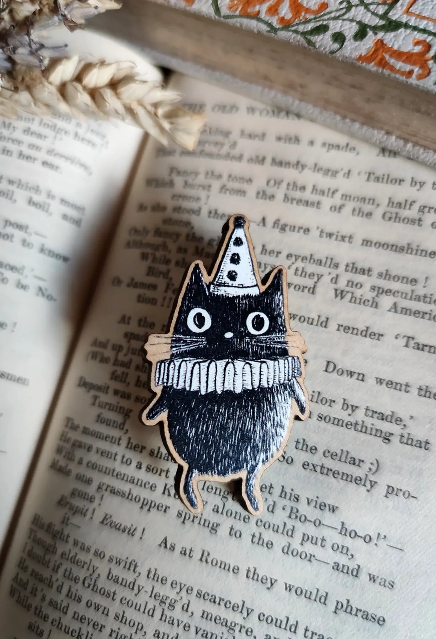 Simon the Clown Cat Wooden Pin Badge