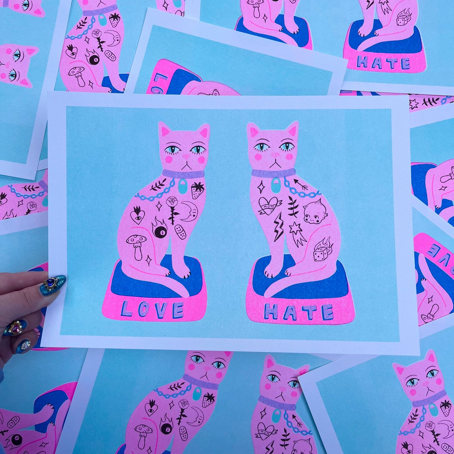 Love / Hate Cats A4 Risograph Print