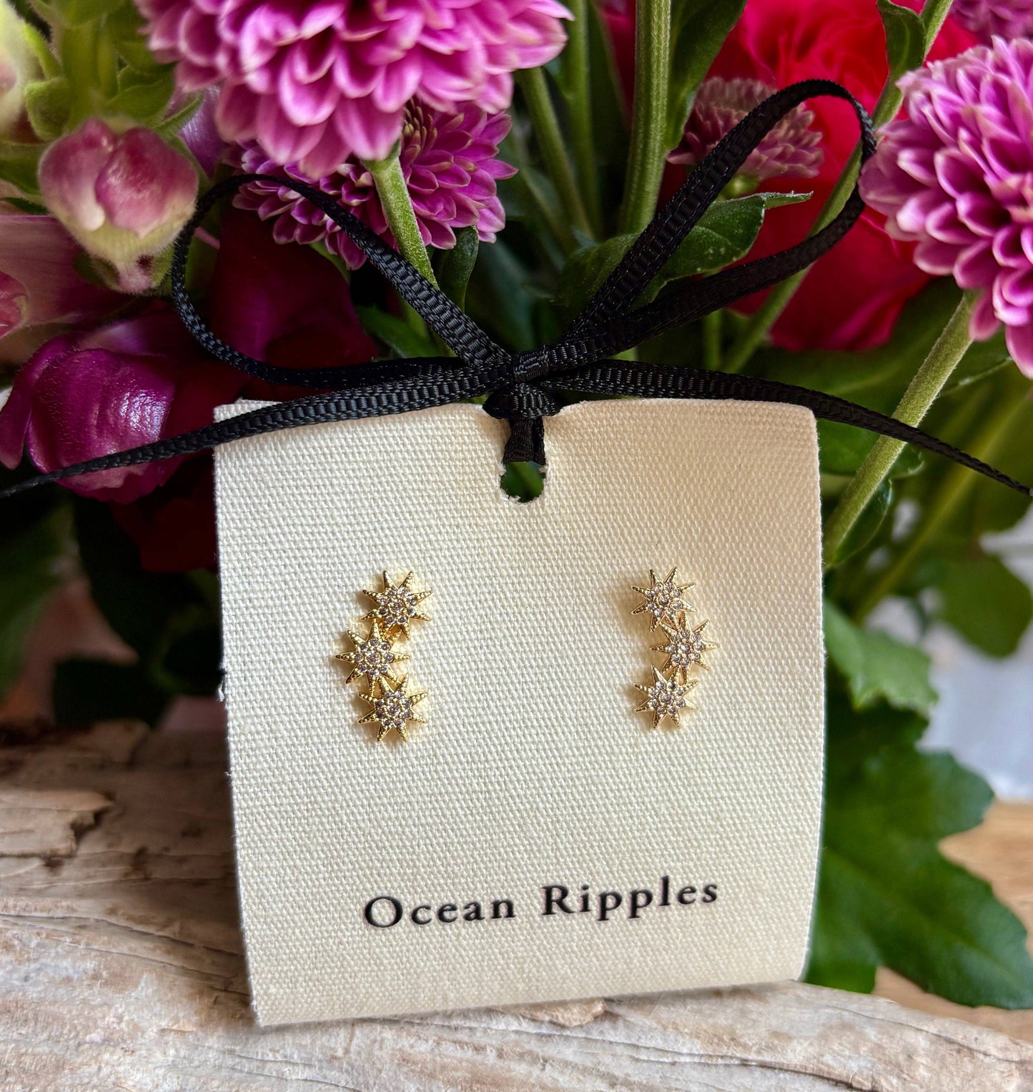 14ct Gold Plated Cubic Zirconia Triple Stars Climber Earrings - Available in Silver: Silver