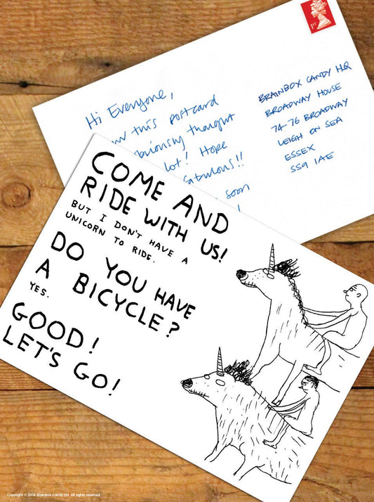 Funny A6 Art Postcard By David Shrigley - Come Ride With Us