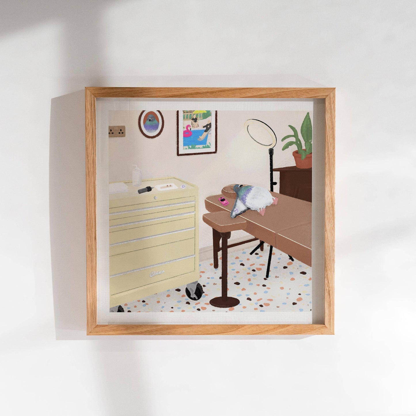 Pigeon Art Prints | 200mm x 200mm Wall Art: Pigeon In Bed