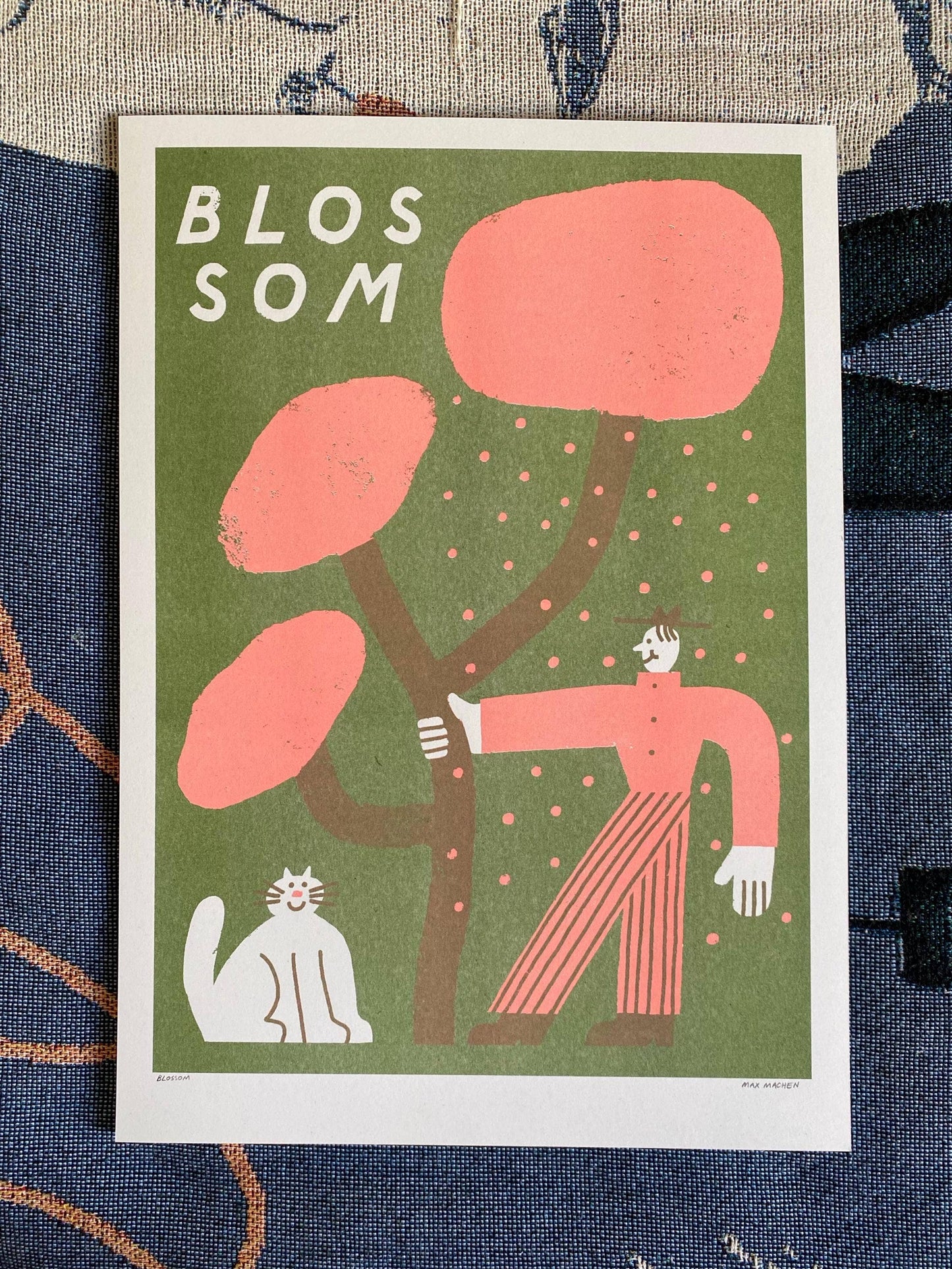 Man and cat shaking blossom riso print (A3)