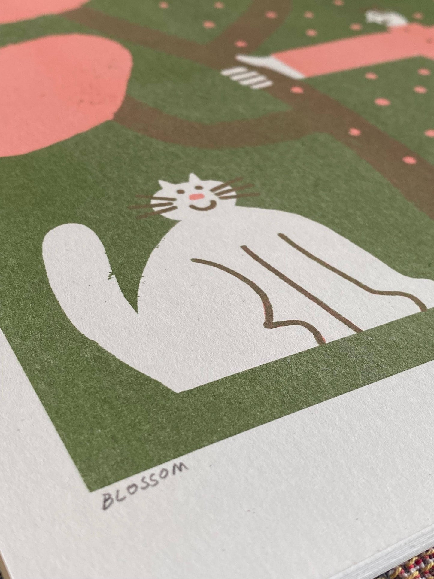 Man and cat shaking blossom riso print (A3)