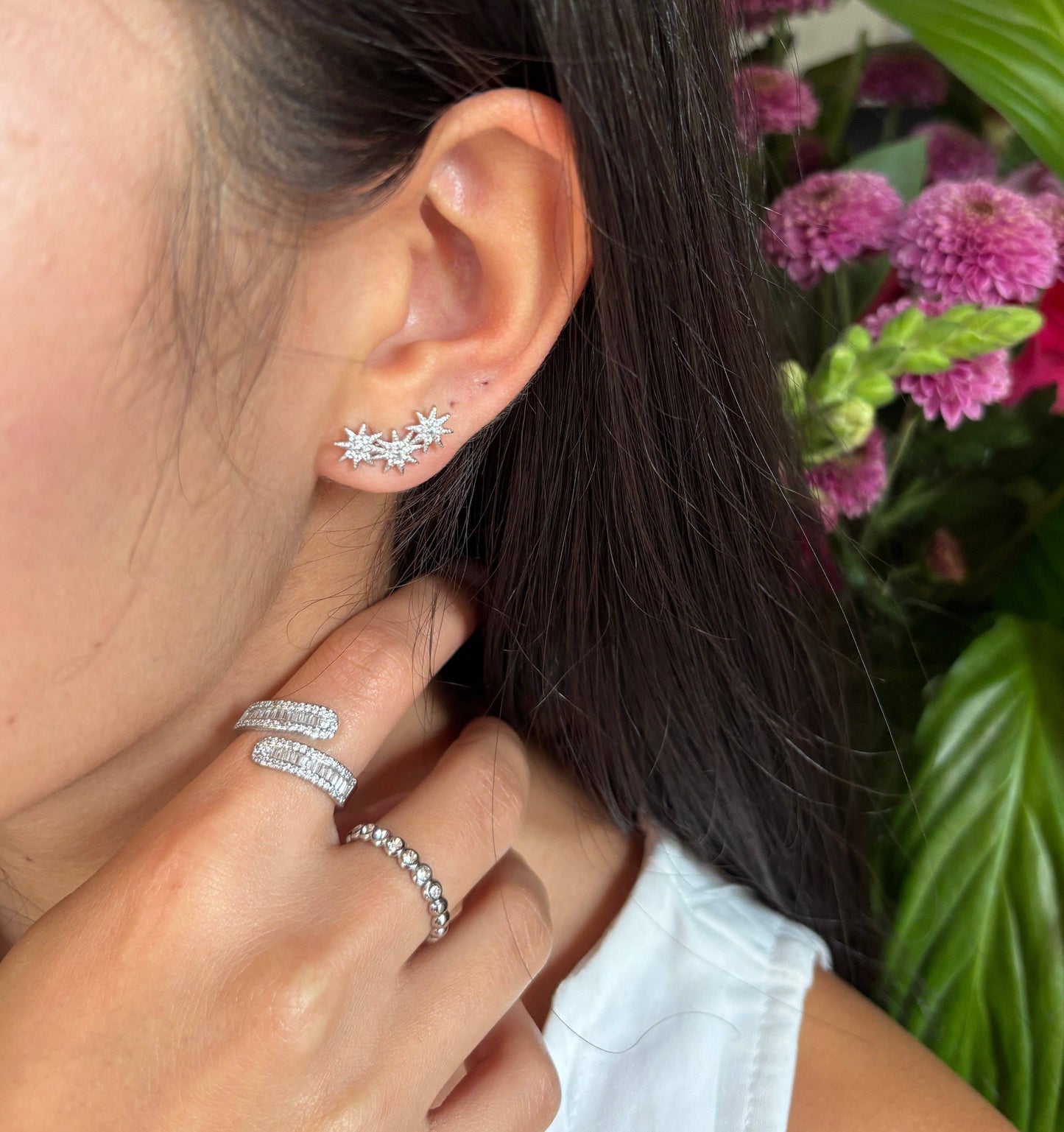 14ct Gold Plated Cubic Zirconia Triple Stars Climber Earrings - Available in Silver: Silver