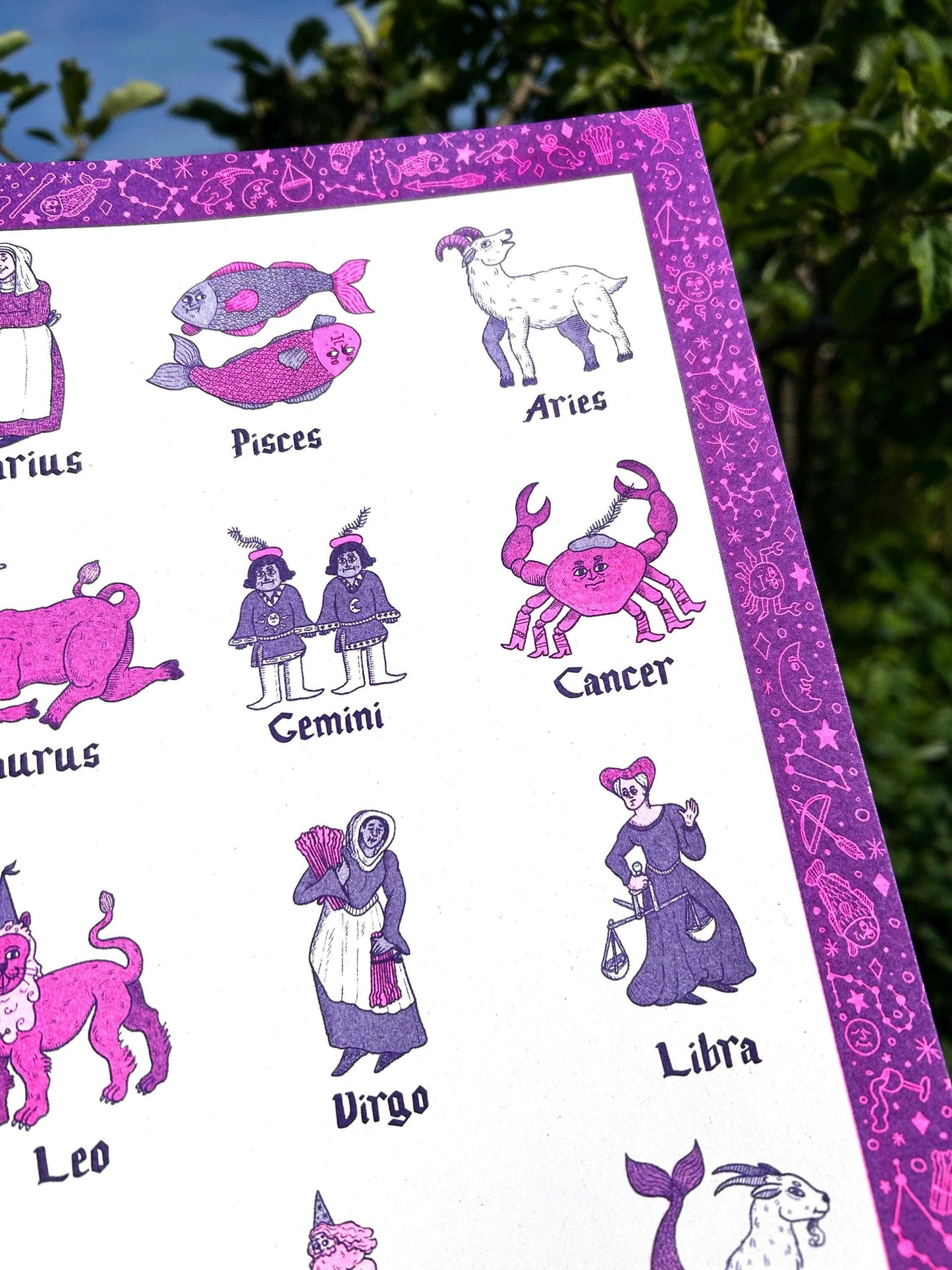 Medieval Illuminated Horoscope Risograph Print Poster