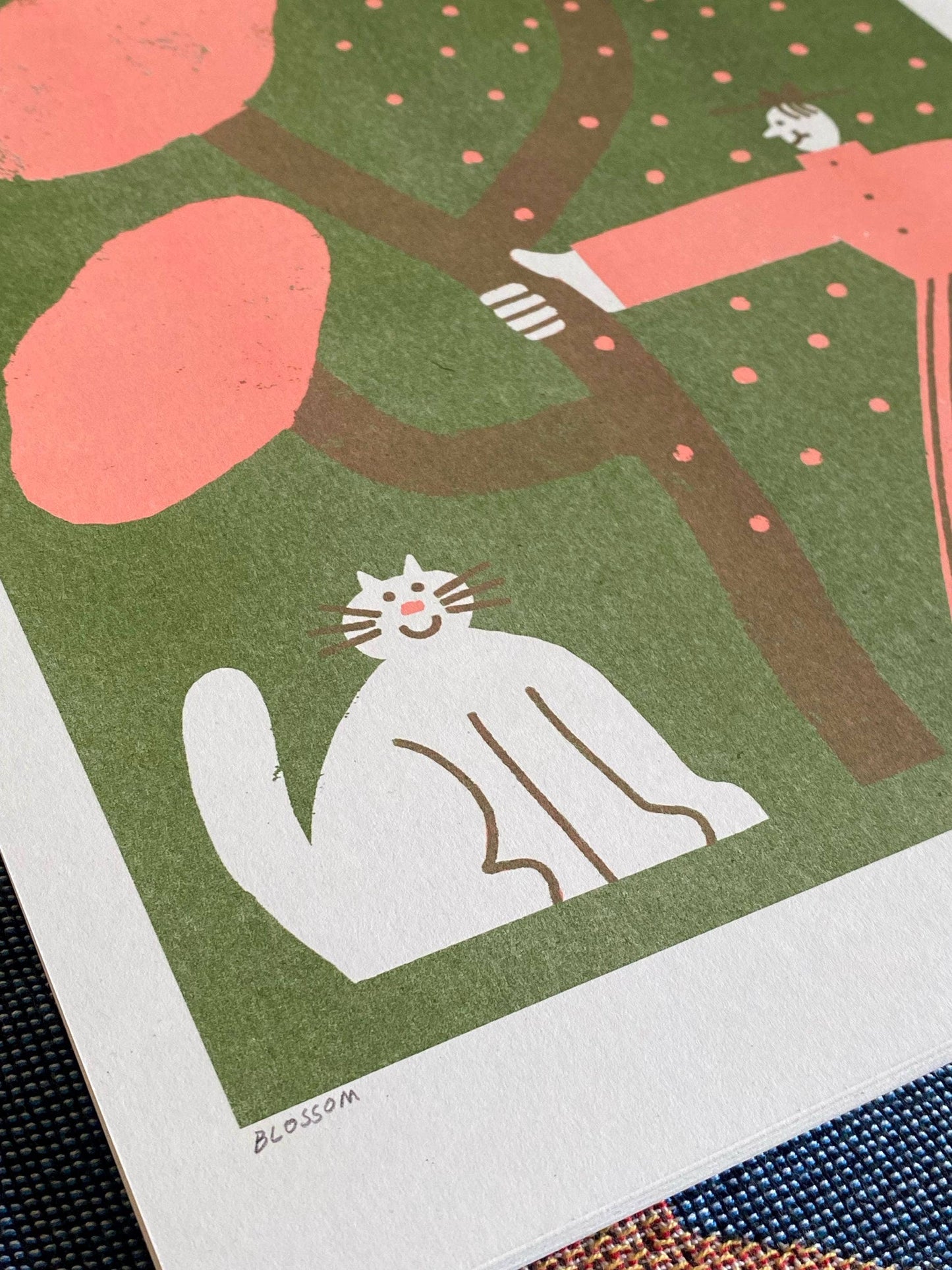 Man and cat shaking blossom riso print (A3)
