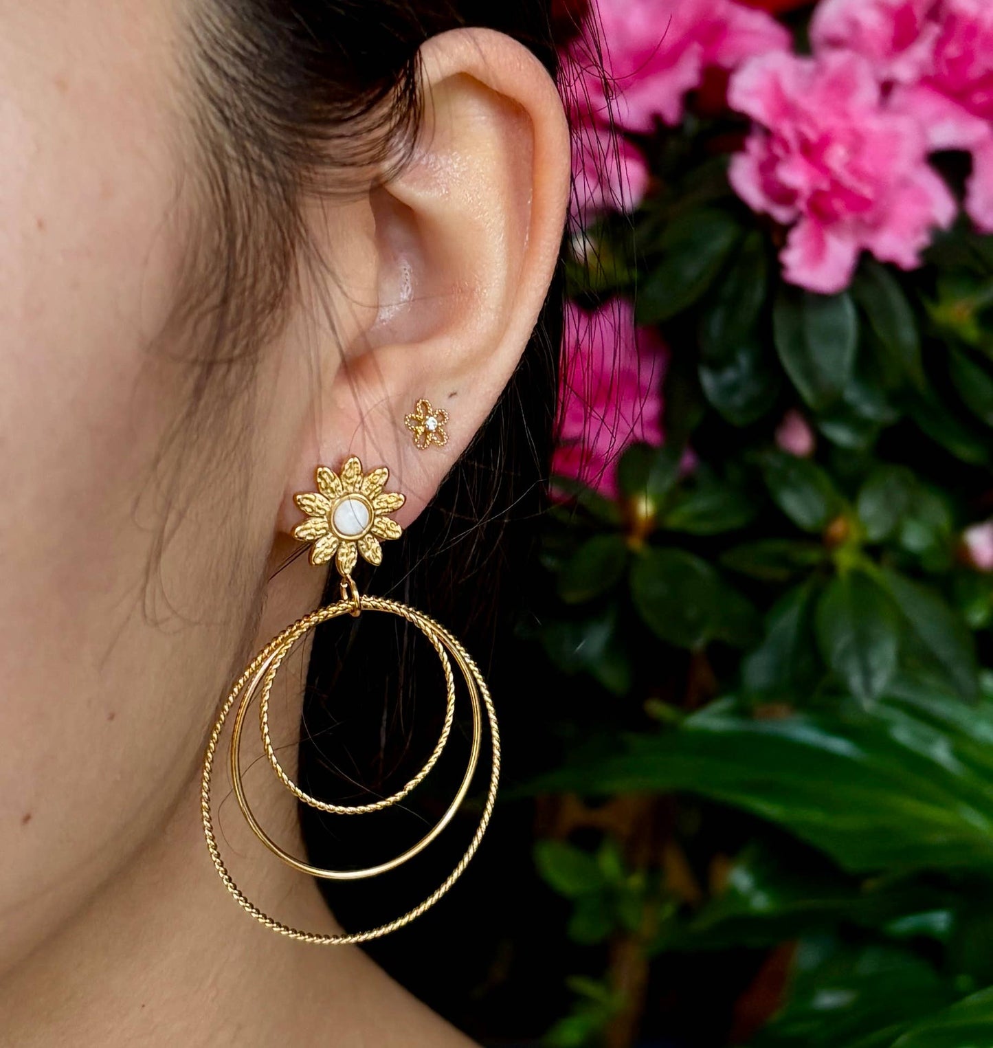 18ct Gold Plated Mother Of Pearl Triple Hoops Earrings