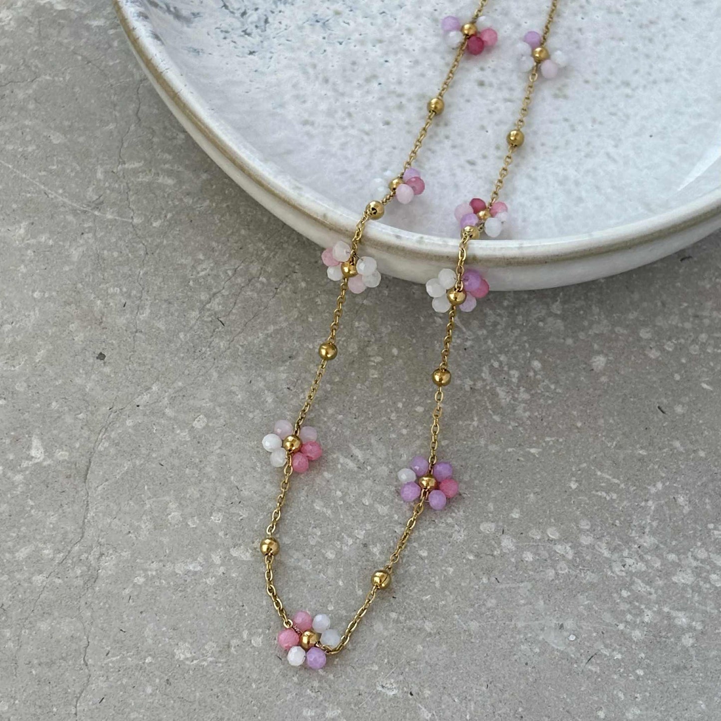 Tarnish Resistant Flower Beaded Necklace: Light Pink
