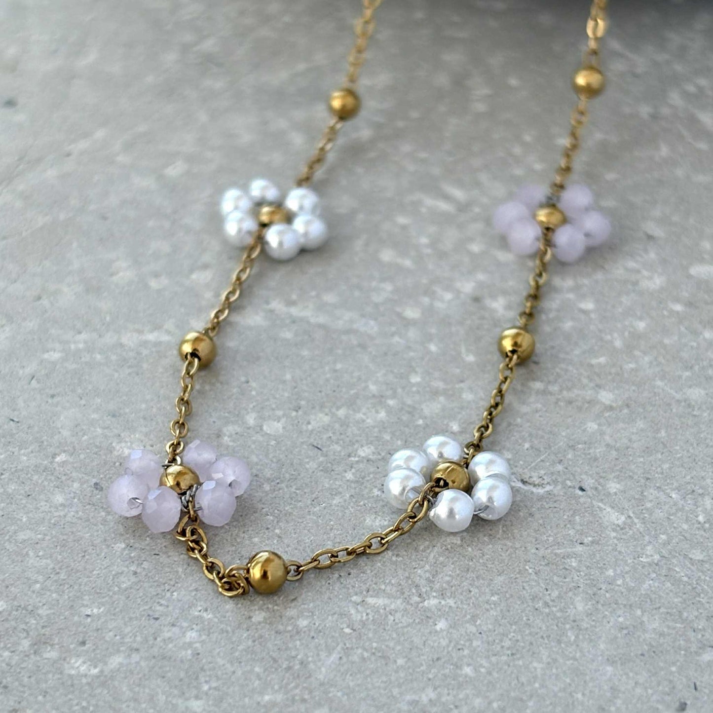 Tarnish Resistant Flower Beaded Necklace: Light Pink