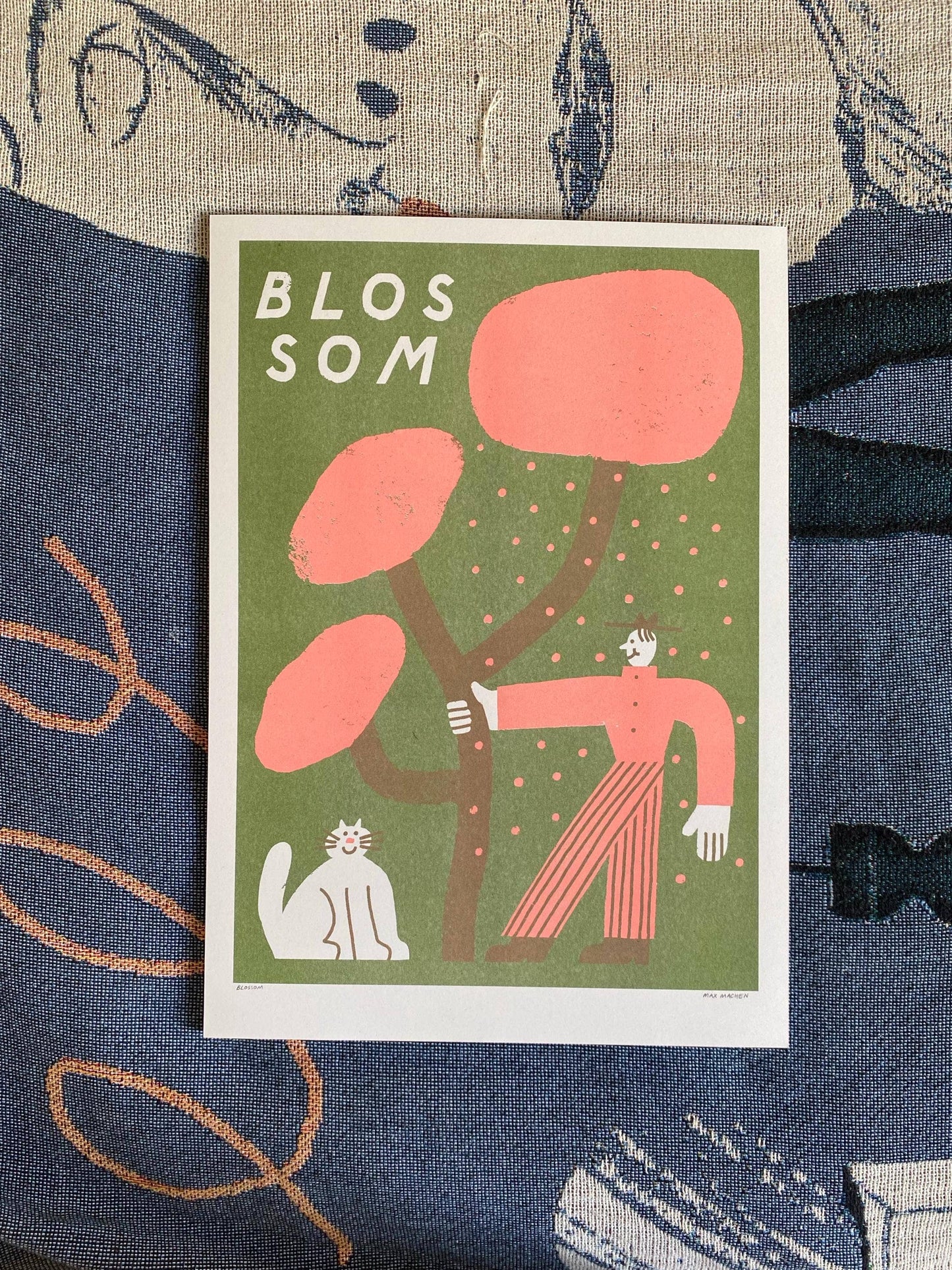 Man and cat shaking blossom riso print (A3)