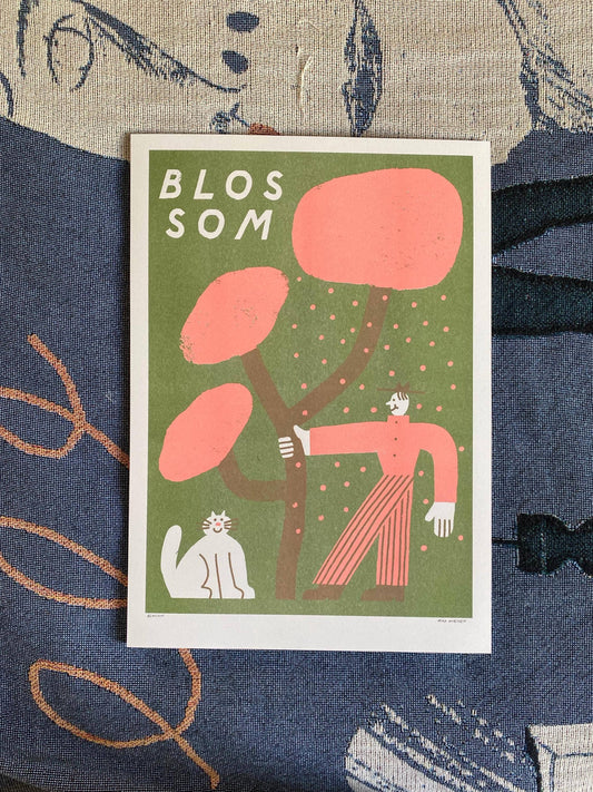 Man and cat shaking blossom riso print (A3)