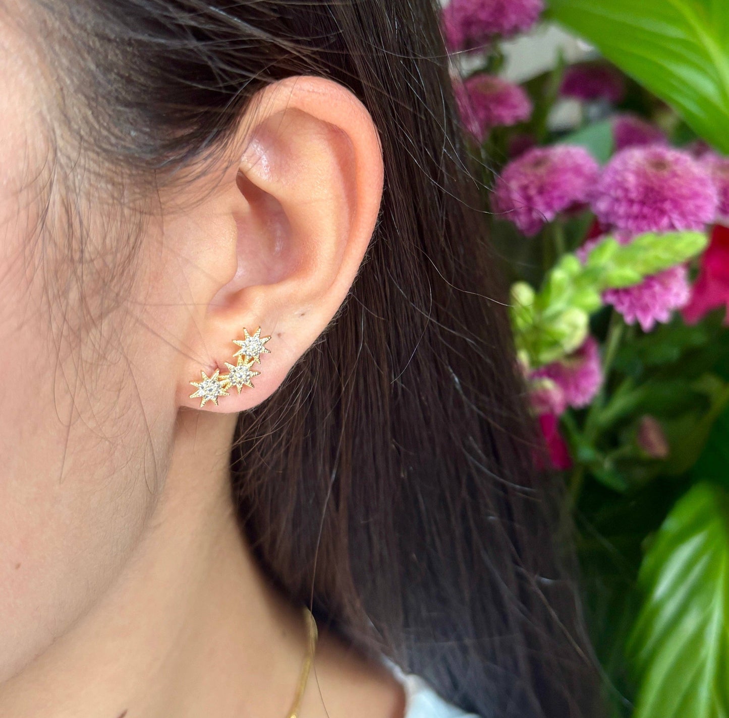 14ct Gold Plated Cubic Zirconia Triple Stars Climber Earrings - Available in Silver: Silver