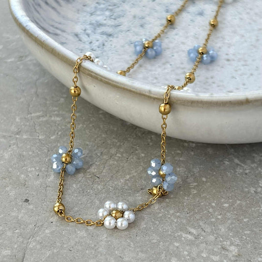 Tarnish Resistant Flower Beaded Necklace: Light Blue